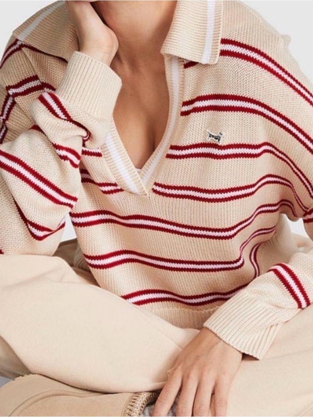 PINK Victoria's Secret Cream V‑Neck Polo Sweater with Red Stripes